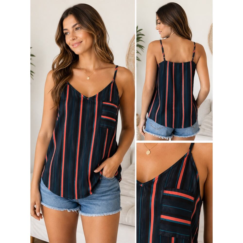 Cozy Casual Striped Cami Tank Top Navy Coral Teal Pocket Summer Boho Beach SZ M